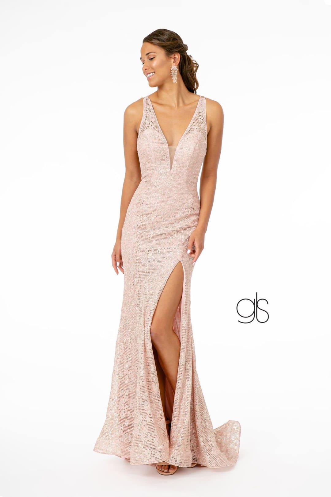 Fitted Long Metallic Floral Lace Dress by Elizabeth K GL2898 - XS / Rose Gold - Long Formal Dresses