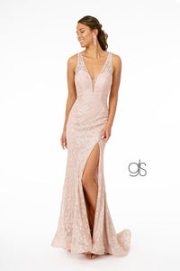 Fitted Long Metallic Floral Lace Dress by Elizabeth K GL2898 - XS / Rose Gold - Long Formal Dresses
