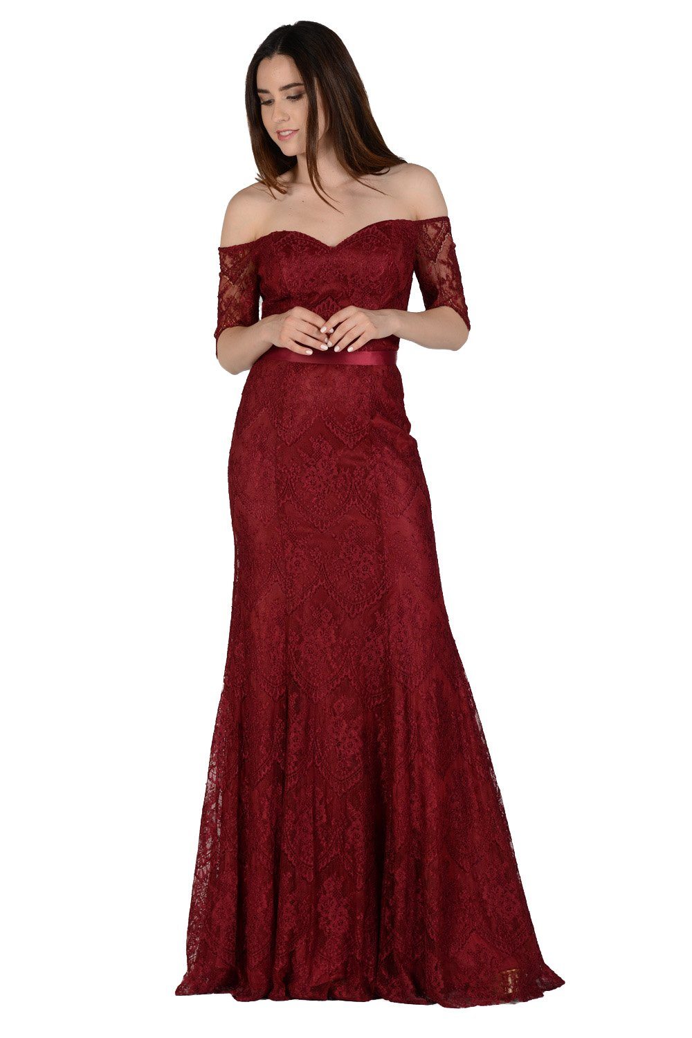 Vestido largo ajustado de encaje con hombros descubiertos de Poly USA 8030