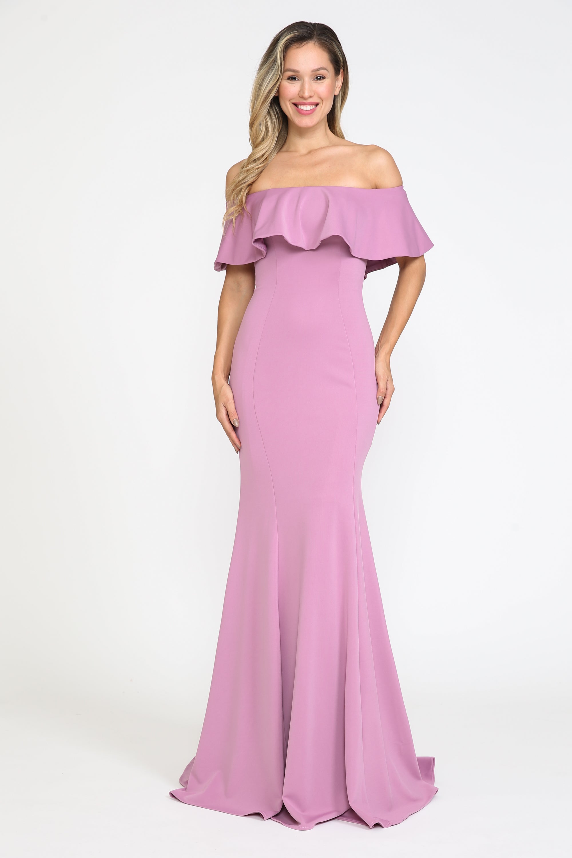Poly USA 8146 Fitted Long Ruffled Off Shoulder Dress