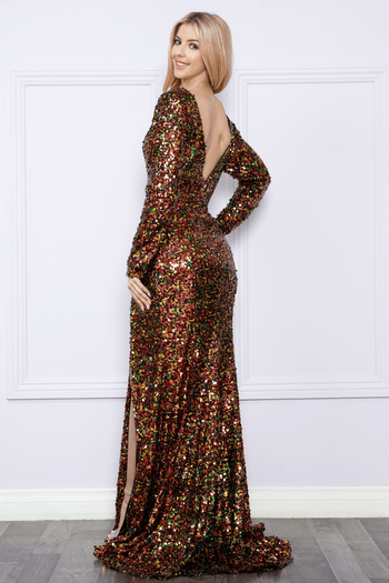 Vestido ajustado de lentejuelas y manga larga de Poly USA 9010
