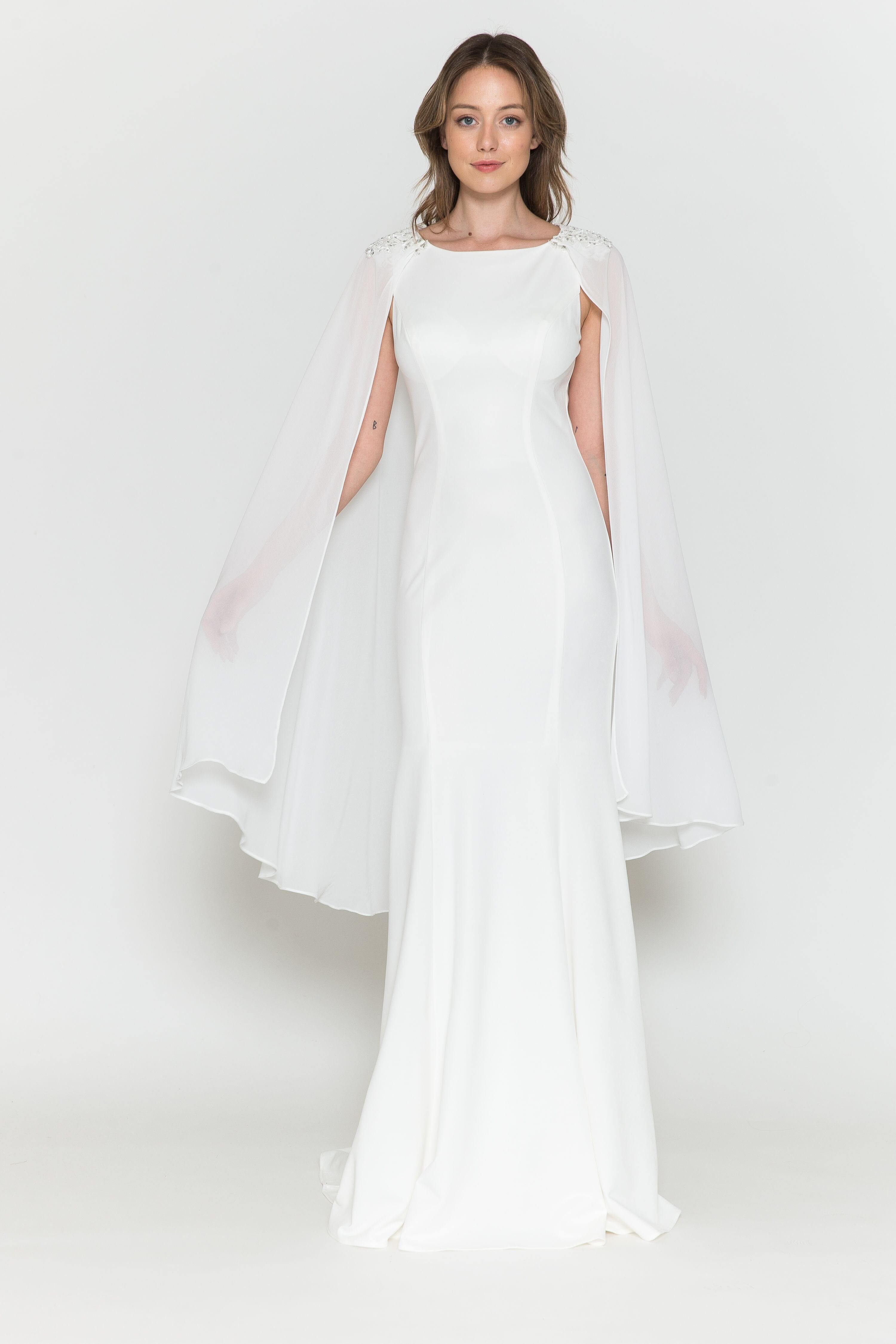Poly USA 8566 Fitted Long Sleeveless Cape Dress 8566| FormalDressShops