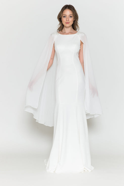 Poly USA 8566 Fitted Long Sleeveless Cape Dress 8566| FormalDressShops