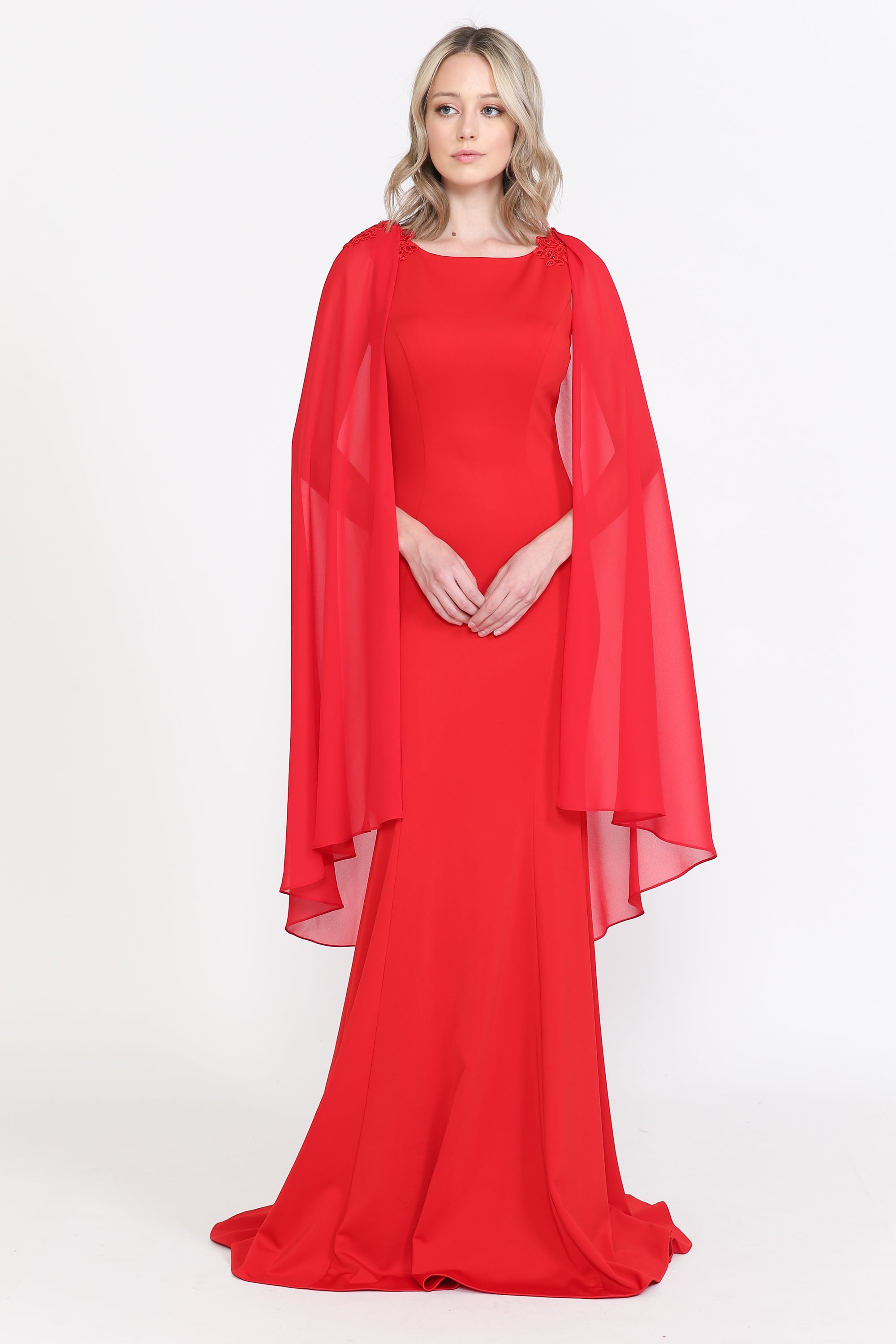 Poly USA 8566 Fitted Long Sleeveless Cape Dress 8566| FormalDressShops