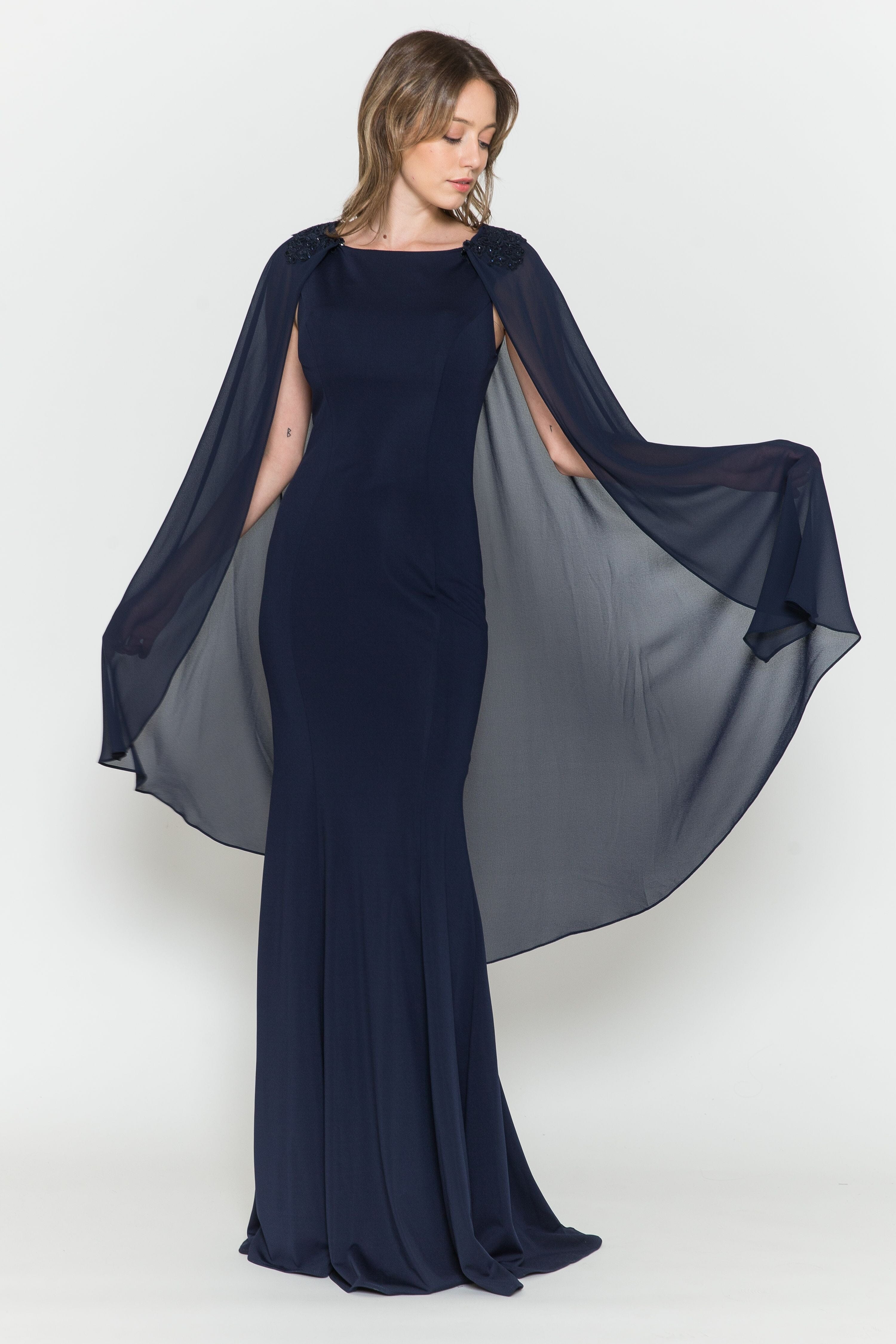Poly USA 8566 Fitted Long Sleeveless Cape Dress 8566| FormalDressShops