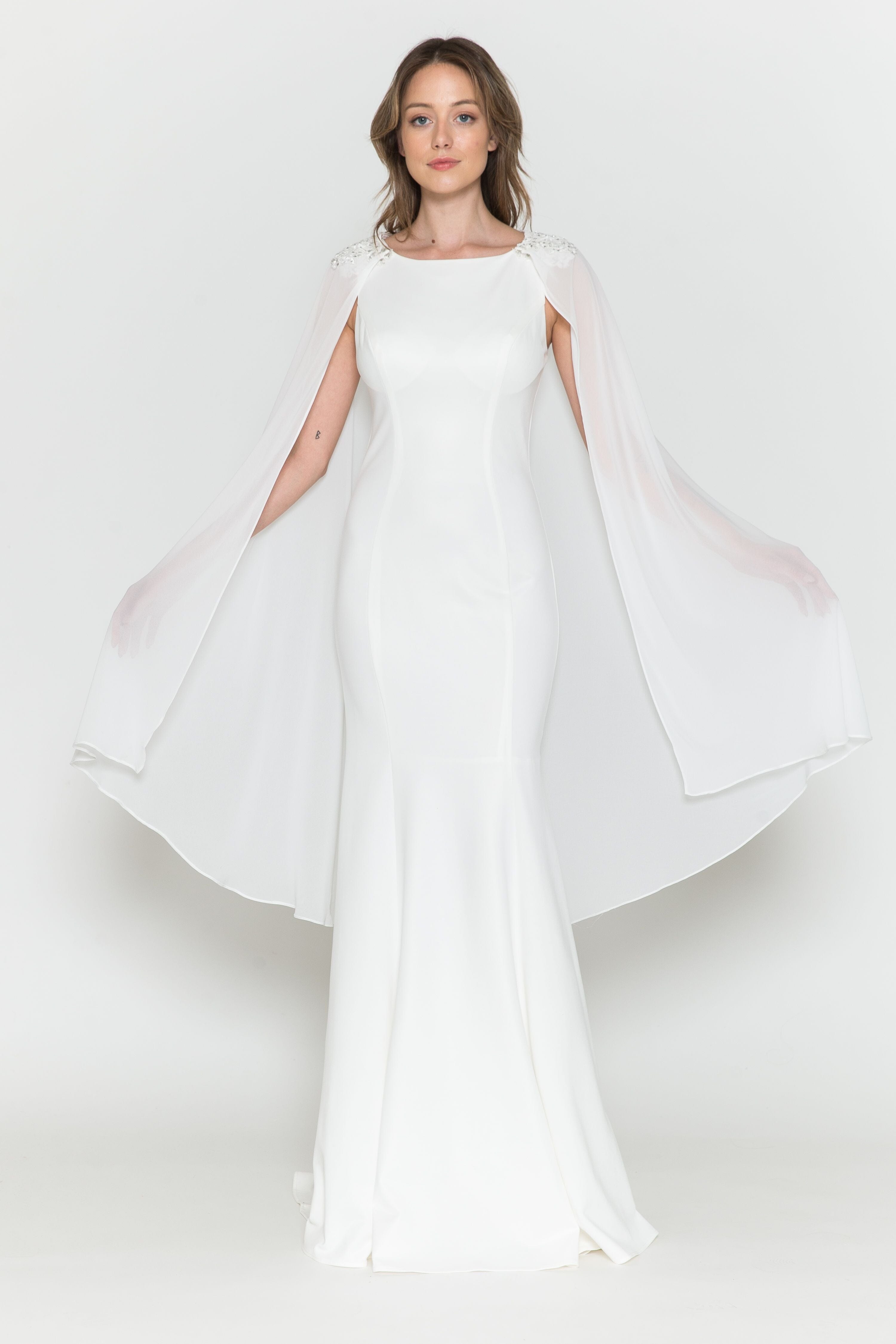 Poly USA 8566 Fitted Long Sleeveless Cape Dress 8566| FormalDressShops