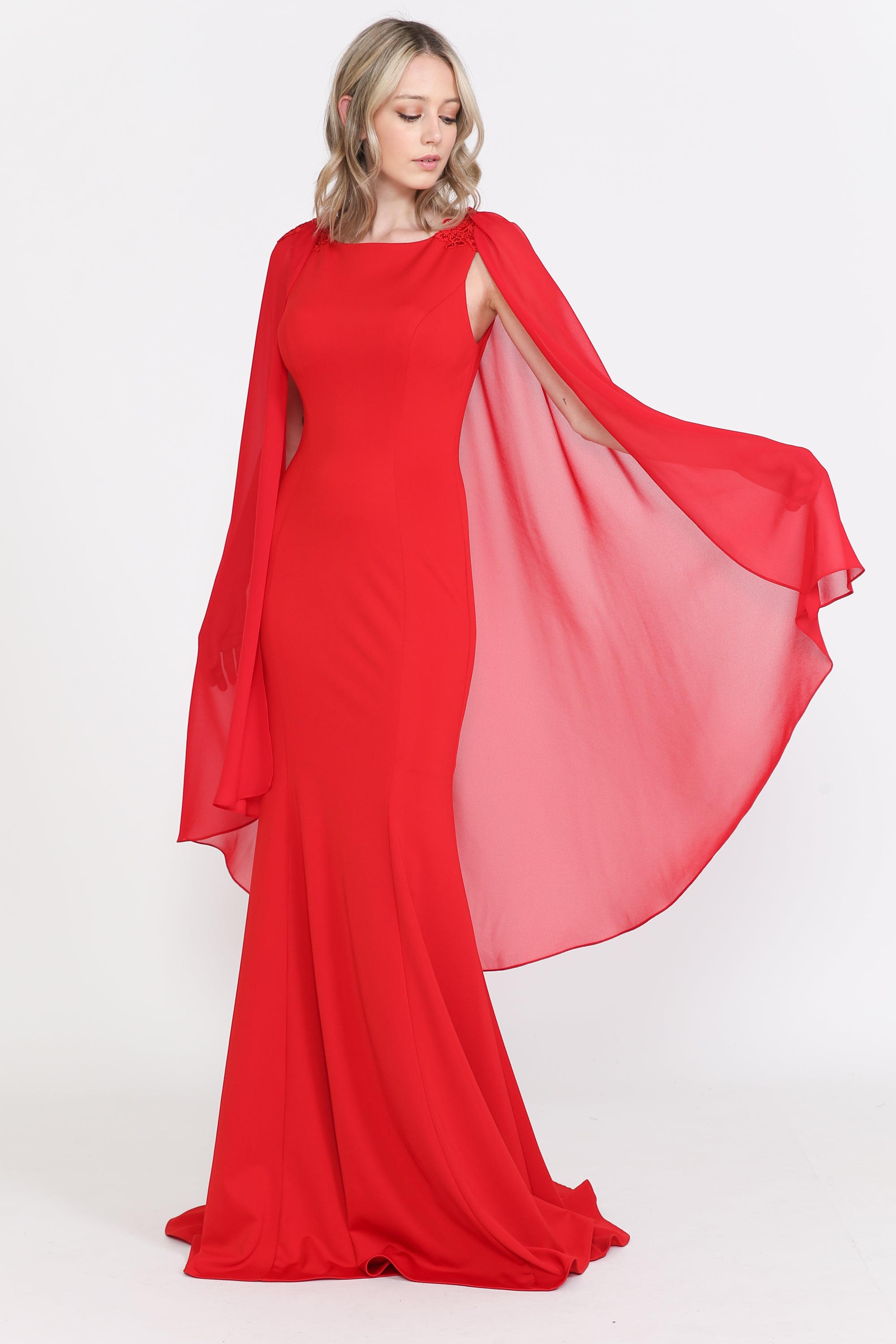 Poly USA 8566 Fitted Long Sleeveless Cape Dress 8566| FormalDressShops