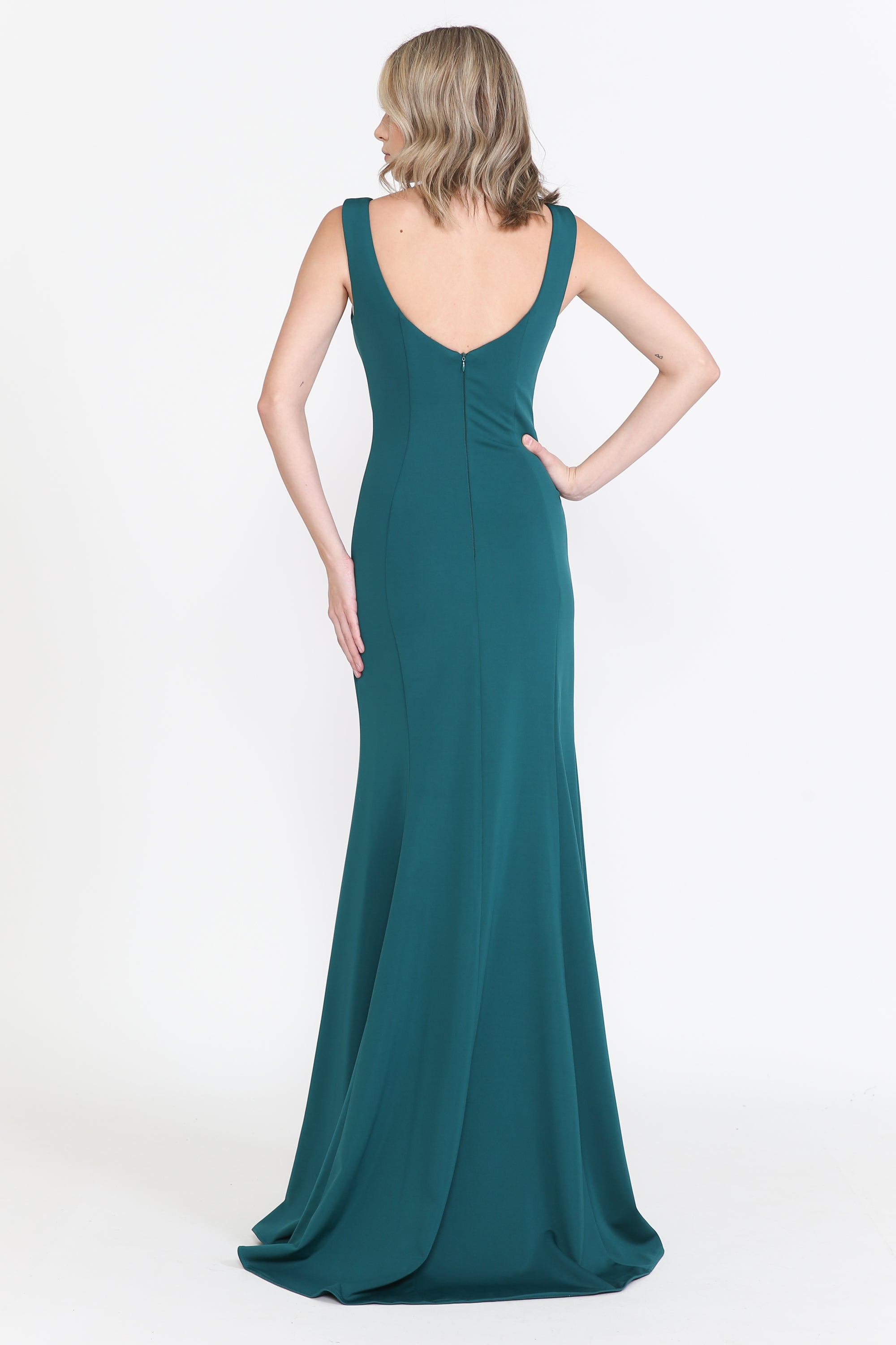 Poly USA 8152 Fitted Long Sleeveless V-Neck Dress