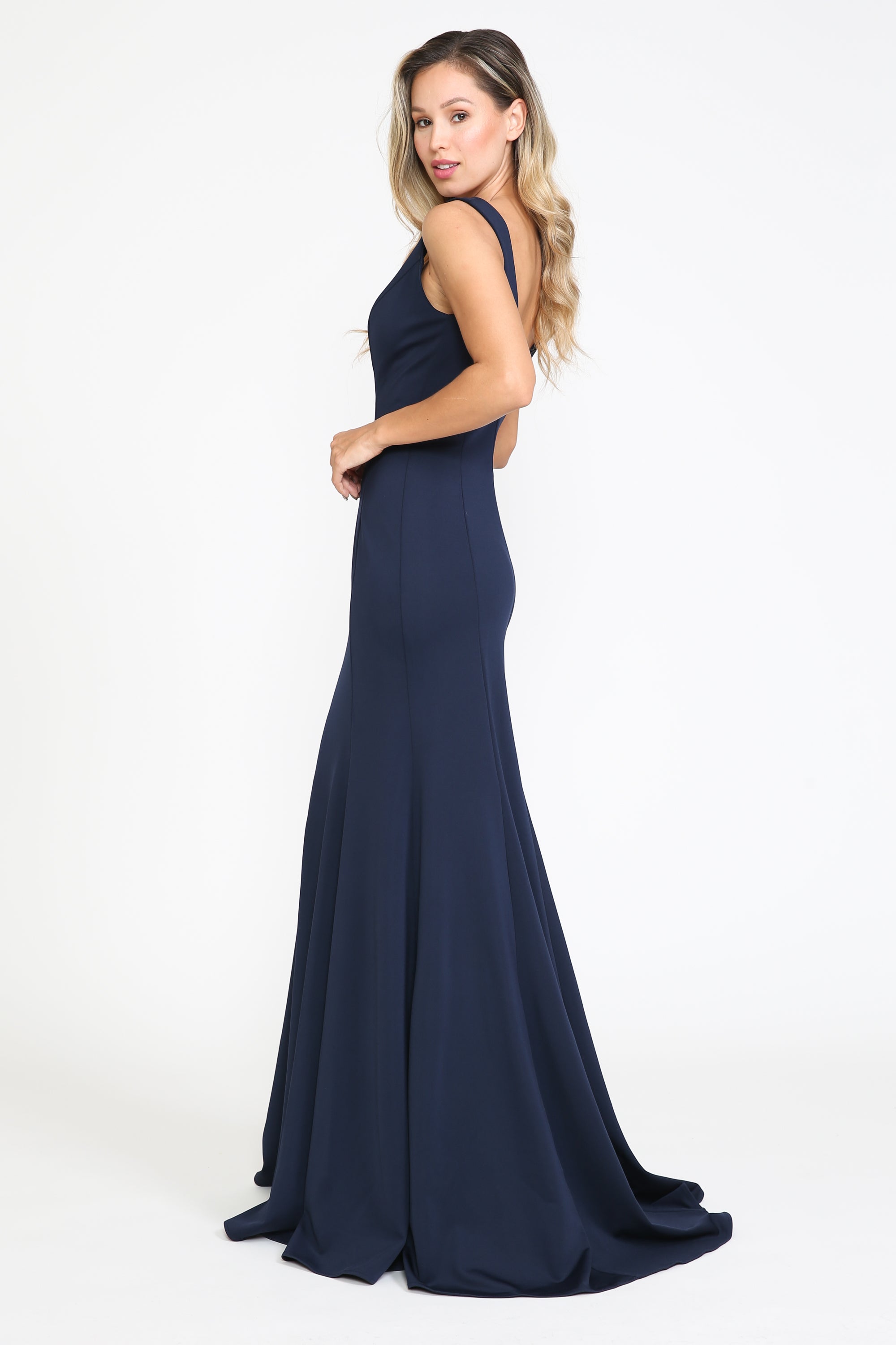 Poly USA 8152 Fitted Long Sleeveless V-Neck Dress