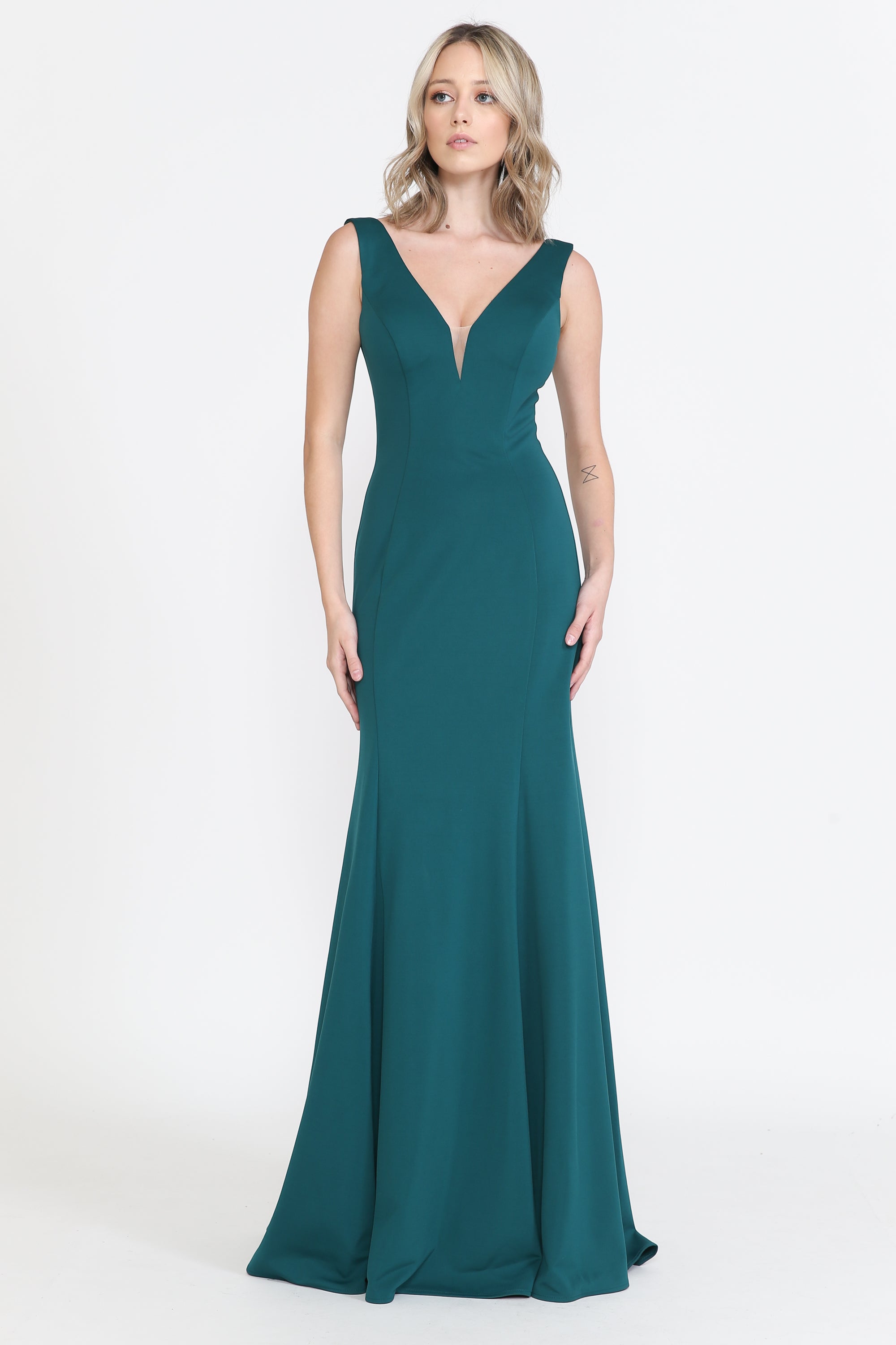 Poly USA 8152 Fitted Long Sleeveless V-Neck Dress