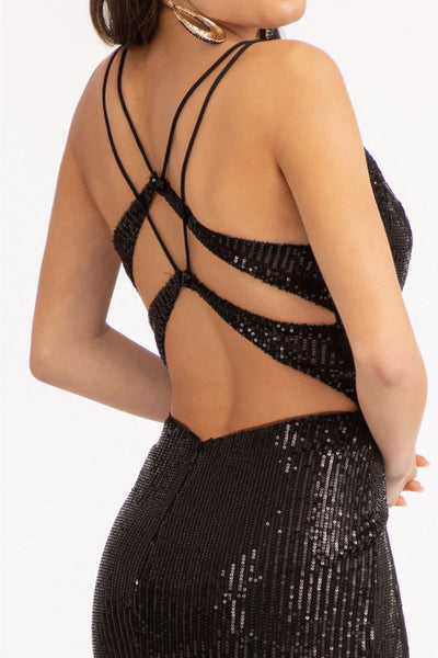 Fitted Metallic Sequin Slit Gown by Elizabeth K GL3050 - Long Formal Dresses