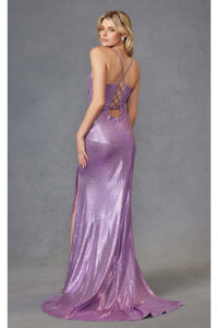 Fitted Metallic Sleeveless Slit Gown by Juliet JT2494S - Dress