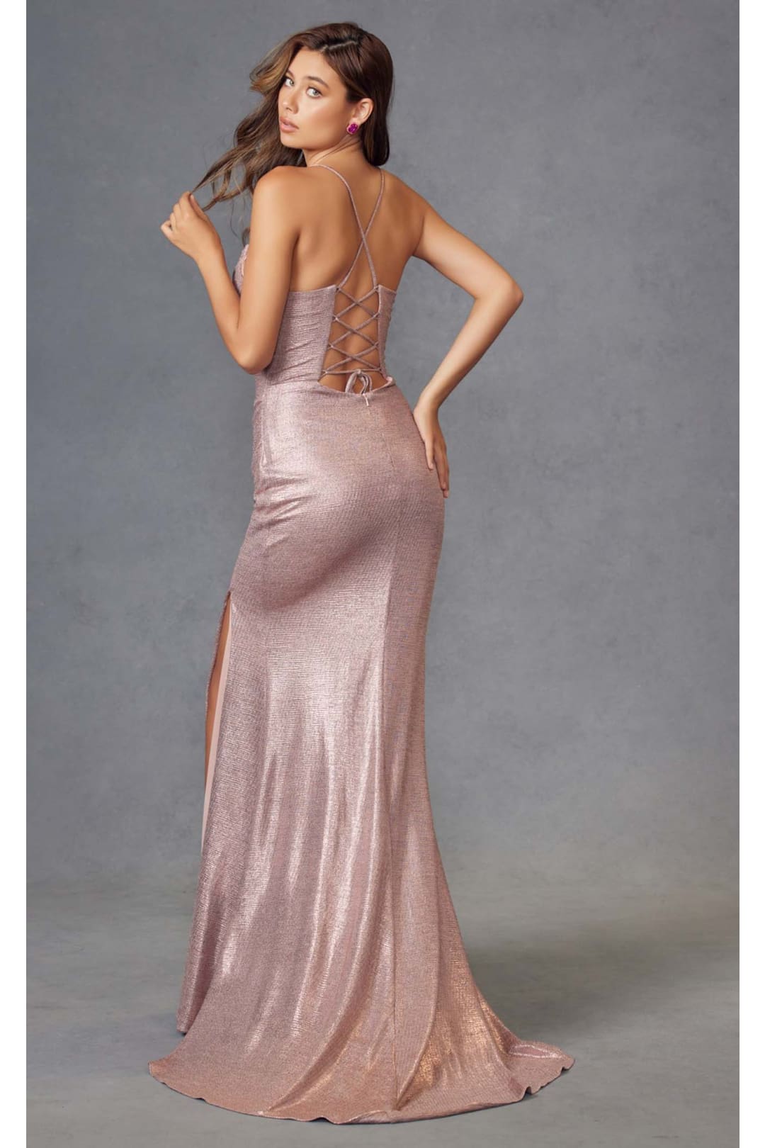 Fitted Metallic Sleeveless Slit Gown by Juliet JT2494S - Dress