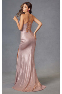 Fitted Metallic Sleeveless Slit Gown by Juliet JT2494S - Dress