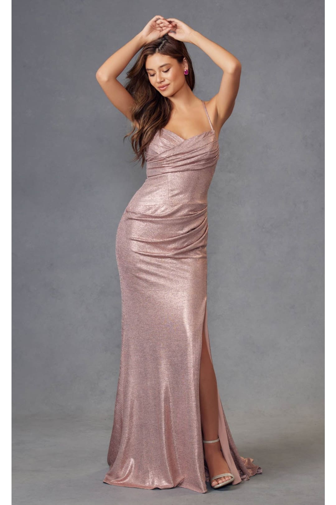 Fitted Metallic Sleeveless Slit Gown by Juliet JT2494S - Dress