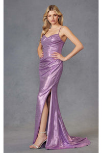 Fitted Metallic Sleeveless Slit Gown by Juliet JT2494S - Dress