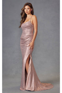 Fitted Metallic Sleeveless Slit Gown by Juliet JT2494S - Dress