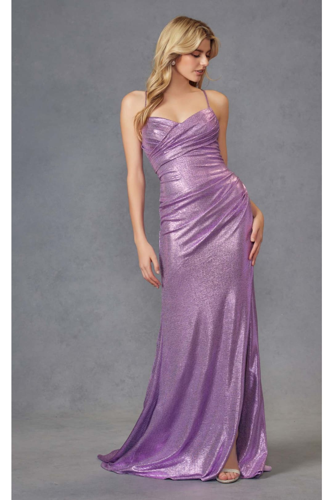 Fitted Metallic Sleeveless Slit Gown by Juliet JT2494S - Dress