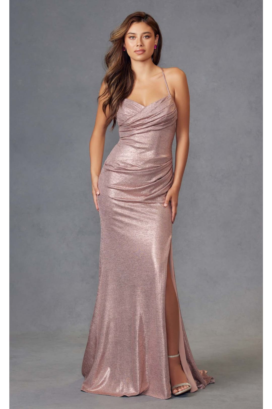 Fitted Metallic Sleeveless Slit Gown by Juliet JT2494S - Rust Gold / 8 - Dress