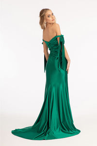 Fitted Off Shoulder Satin Gown by Elizabeth K GL3059 - Long Formal Dresses