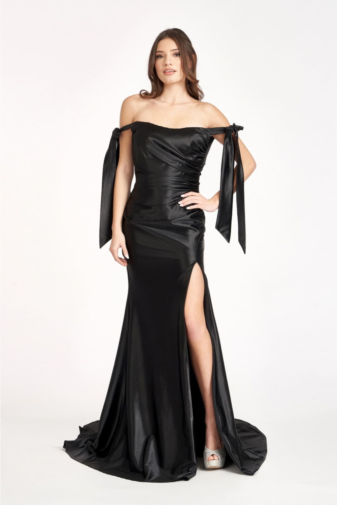 Fitted Off Shoulder Satin Gown by Elizabeth K GL3059 - XS / Black - Long Formal Dresses