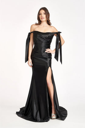Fitted Off Shoulder Satin Gown by Elizabeth KGL3059