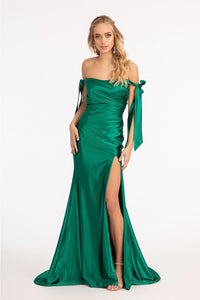 Fitted Off Shoulder Satin Gown by Elizabeth K GL3059 - XS / Emerald Green - Long Formal Dresses