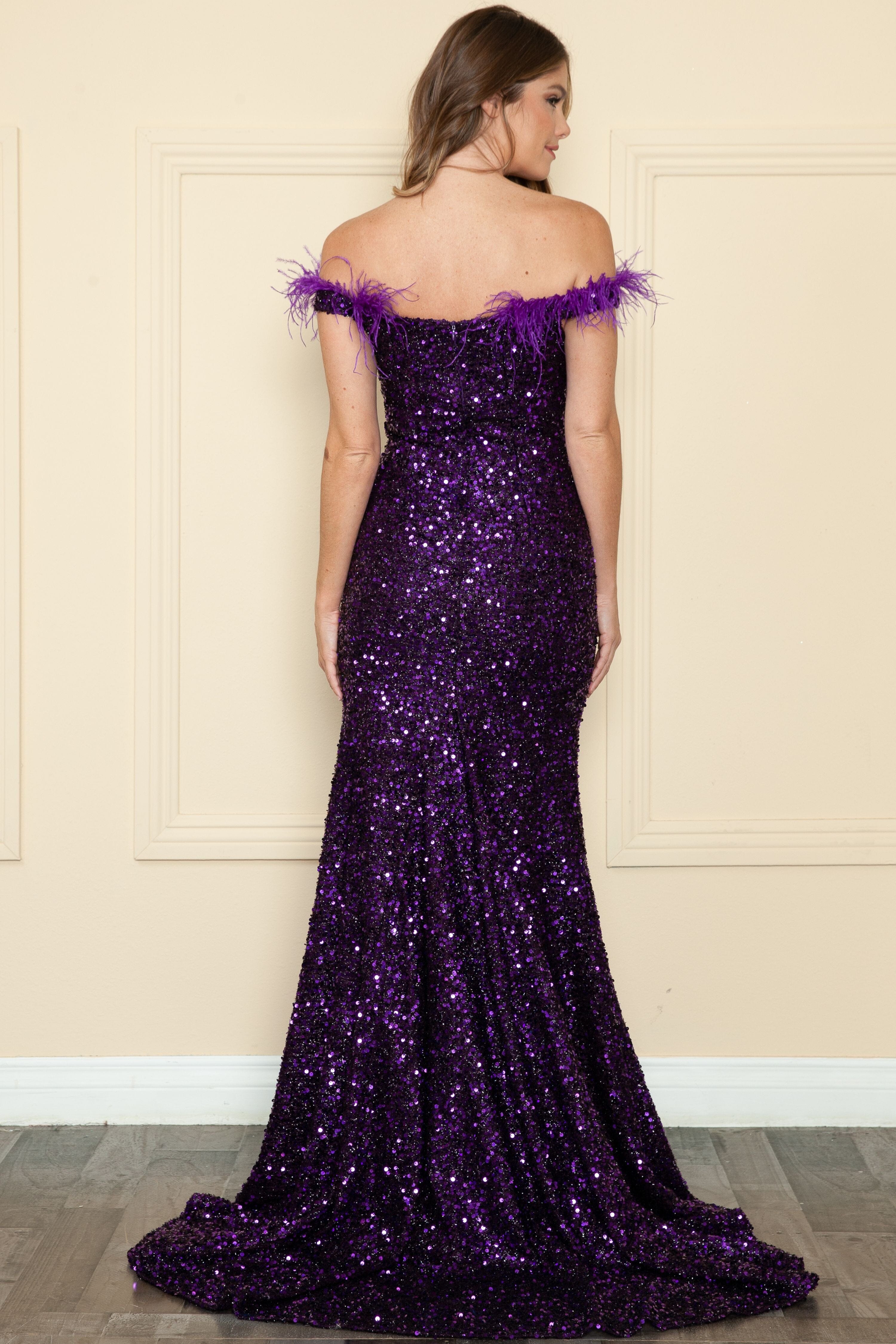 Poly USA 8980 Fitted Off Shoulder Sequin Feather Gown