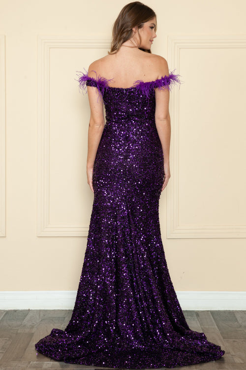 Poly USA 8980 Fitted Off Shoulder Sequin Feather Gown