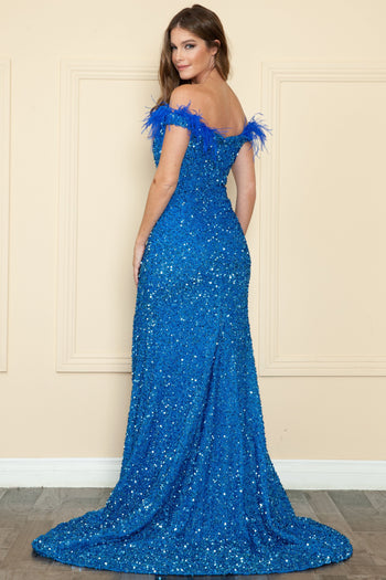 Poly USA 8980 Fitted Off Shoulder Sequin Feather Gown