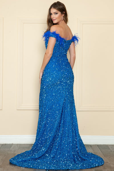 Poly USA 8980 Fitted Off Shoulder Sequin Feather Gown