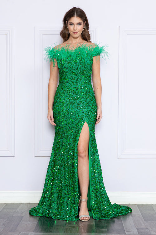 Poly USA 8980 Fitted Off Shoulder Sequin Feather Gown