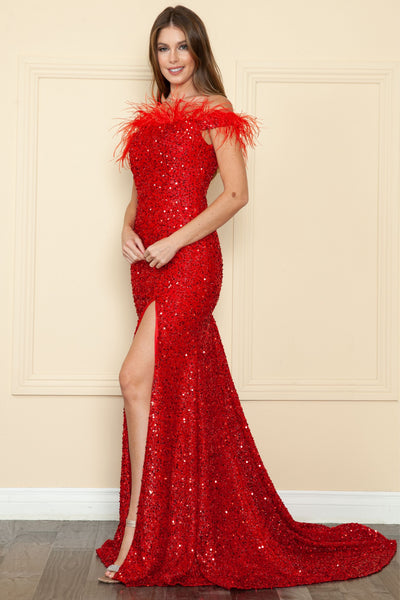 Poly USA 8980 Fitted Off Shoulder Sequin Feather Gown