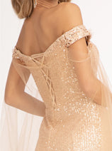 Fitted Off Shoulder Sequin Gown by Elizabeth K GL3054