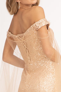 Fitted Off Shoulder Sequin Gown by Elizabeth K GL3054 - Long Formal Dresses