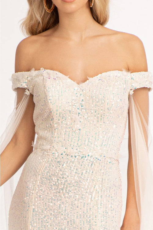 Fitted Off Shoulder Sequin Gown by Elizabeth K GL3054 - Long Formal Dresses