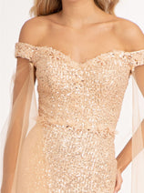 Fitted Off Shoulder Sequin Gown by Elizabeth K GL3054
