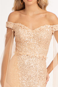 Fitted Off Shoulder Sequin Gown by Elizabeth K GL3054 - Long Formal Dresses