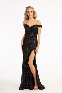 Fitted Off Shoulder Sequin Gown by Elizabeth K GL3054 - Long Formal Dresses