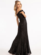 Fitted Off Shoulder Sequin Gown by Elizabeth K GL3054