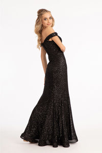 Fitted Off Shoulder Sequin Gown by Elizabeth K GL3054 - Long Formal Dresses