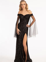 Fitted Off Shoulder Sequin Gown by Elizabeth K GL3054