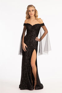 Fitted Off Shoulder Sequin Gown by Elizabeth K GL3054 - XS / Black - Long Formal Dresses