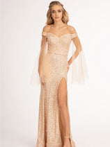 Fitted Off Shoulder Sequin Gown by Elizabeth K GL3054