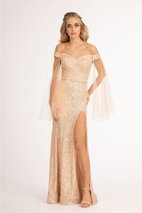 Fitted Off Shoulder Sequin Gown by Elizabeth K GL3054 - XS / Rose Gold - Long Formal Dresses