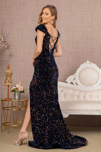 Fitted Off Shoulder Sequin Gown by Elizabeth K GL3148 - Long Formal Dresses