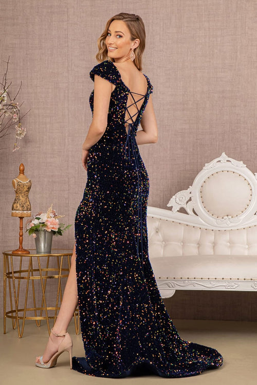 Fitted Off Shoulder Sequin Gown by Elizabeth K GL3148 - Long Formal Dresses