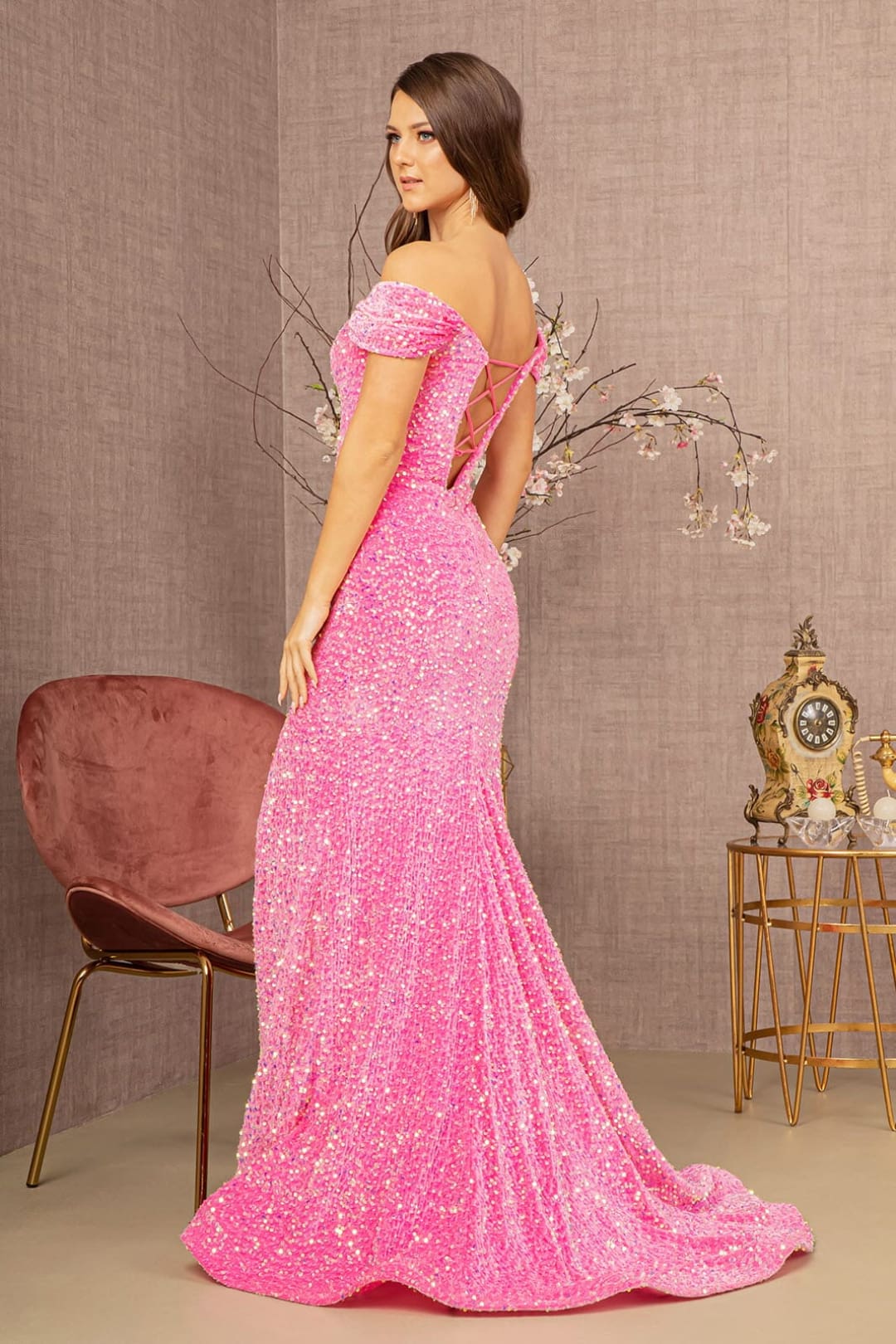 Fitted Off Shoulder Sequin Gown by Elizabeth K GL3148 - Long Formal Dresses