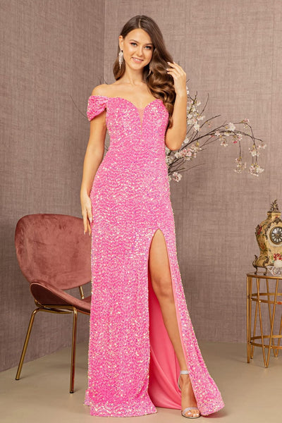Fitted Off Shoulder Sequin Gown by Elizabeth K GL3148 - XS / Pink - Long Formal Dresses