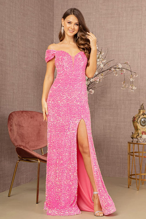 Fitted Off Shoulder Sequin Gown by Elizabeth K GL3148 - XS / Pink - Long Formal Dresses
